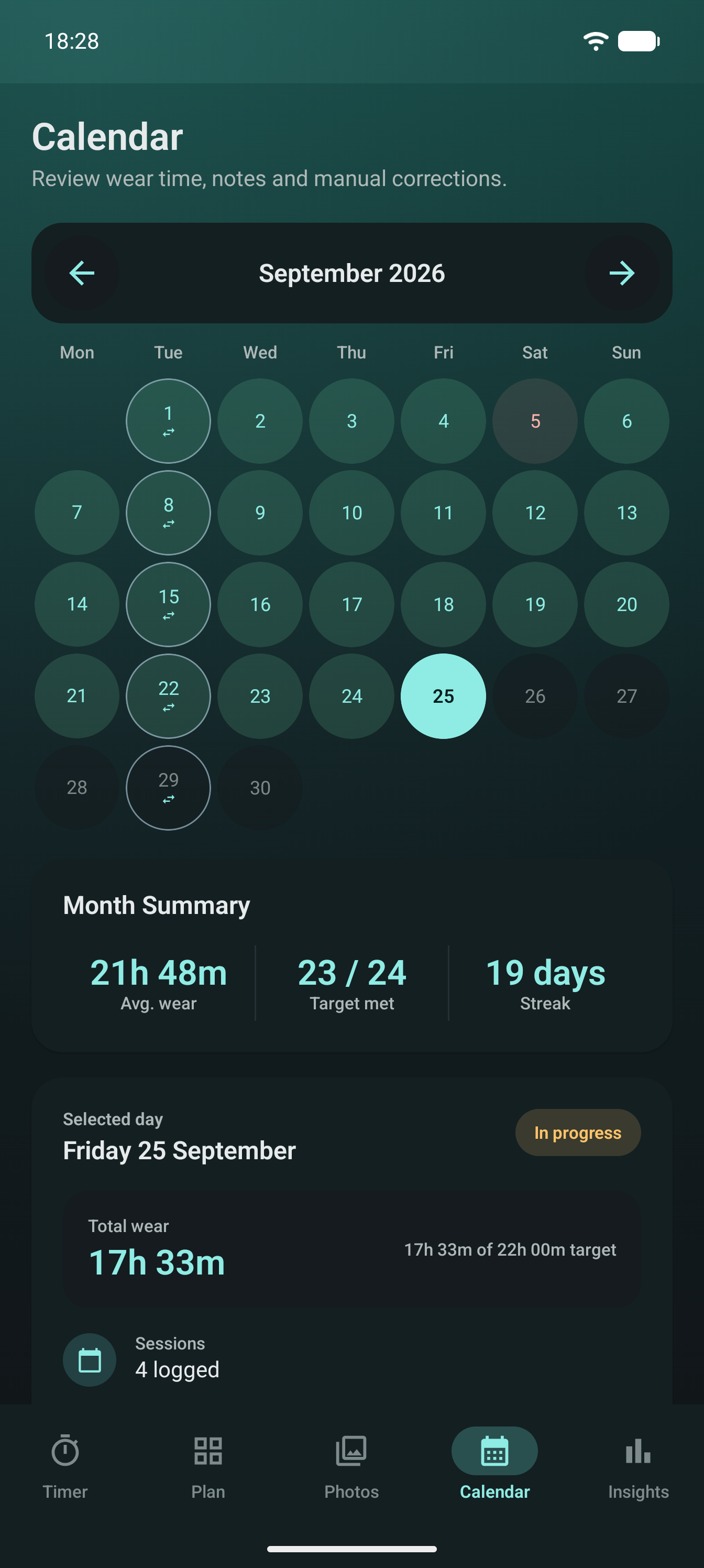Calendar with wear history and a month summary