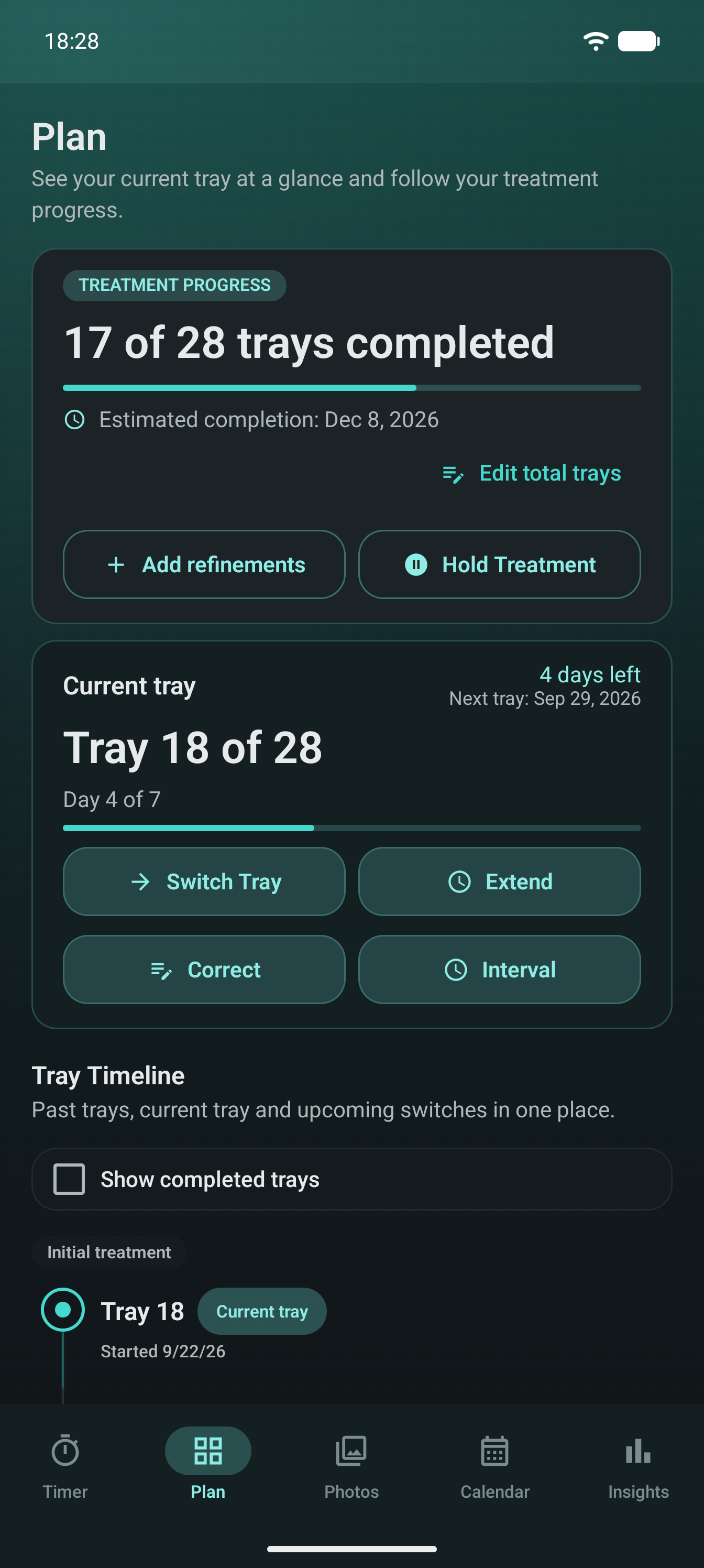 Tray plan showing 17 of 28 trays completed