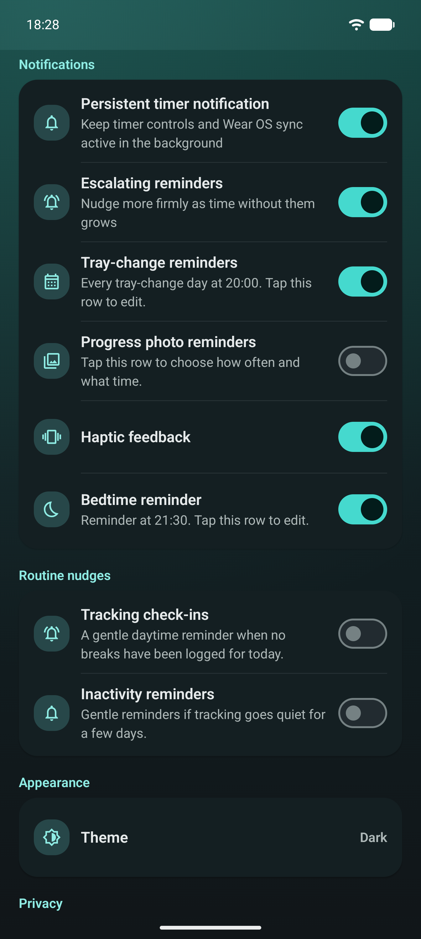 AlignerPro reminder settings with persistent timer notification, escalating reminders, tray-change reminders and bedtime reminder