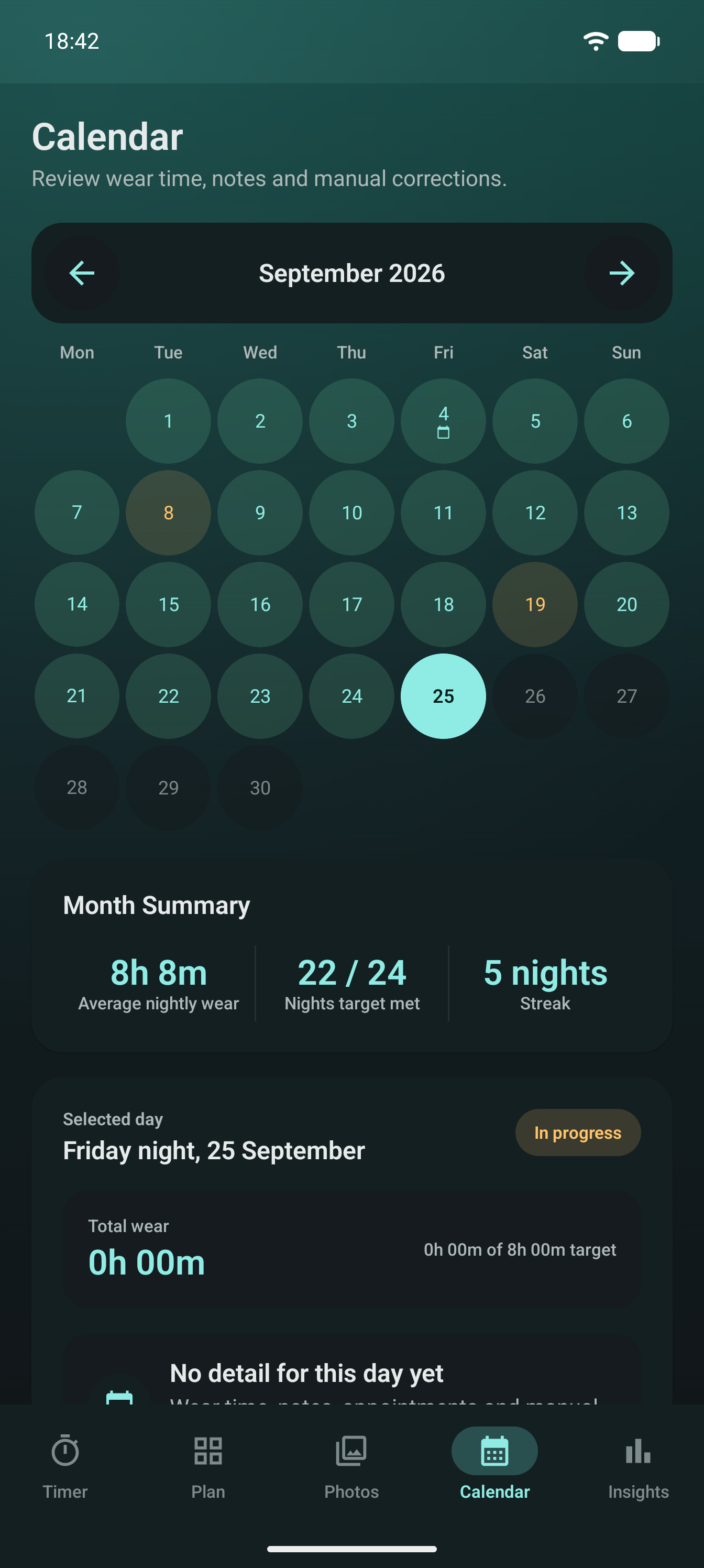 AlignerPro retainer calendar with an 8h 8m average nightly wear and 22 of 24 nights on target