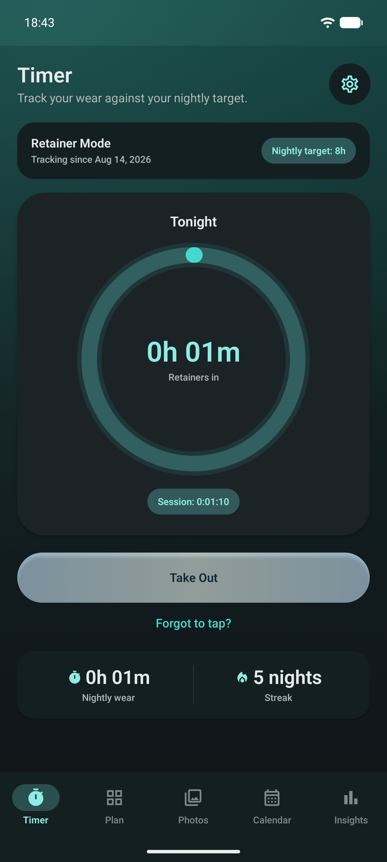AlignerPro retainer timer for tonight, with a nightly target of 8 hours and a five-night streak