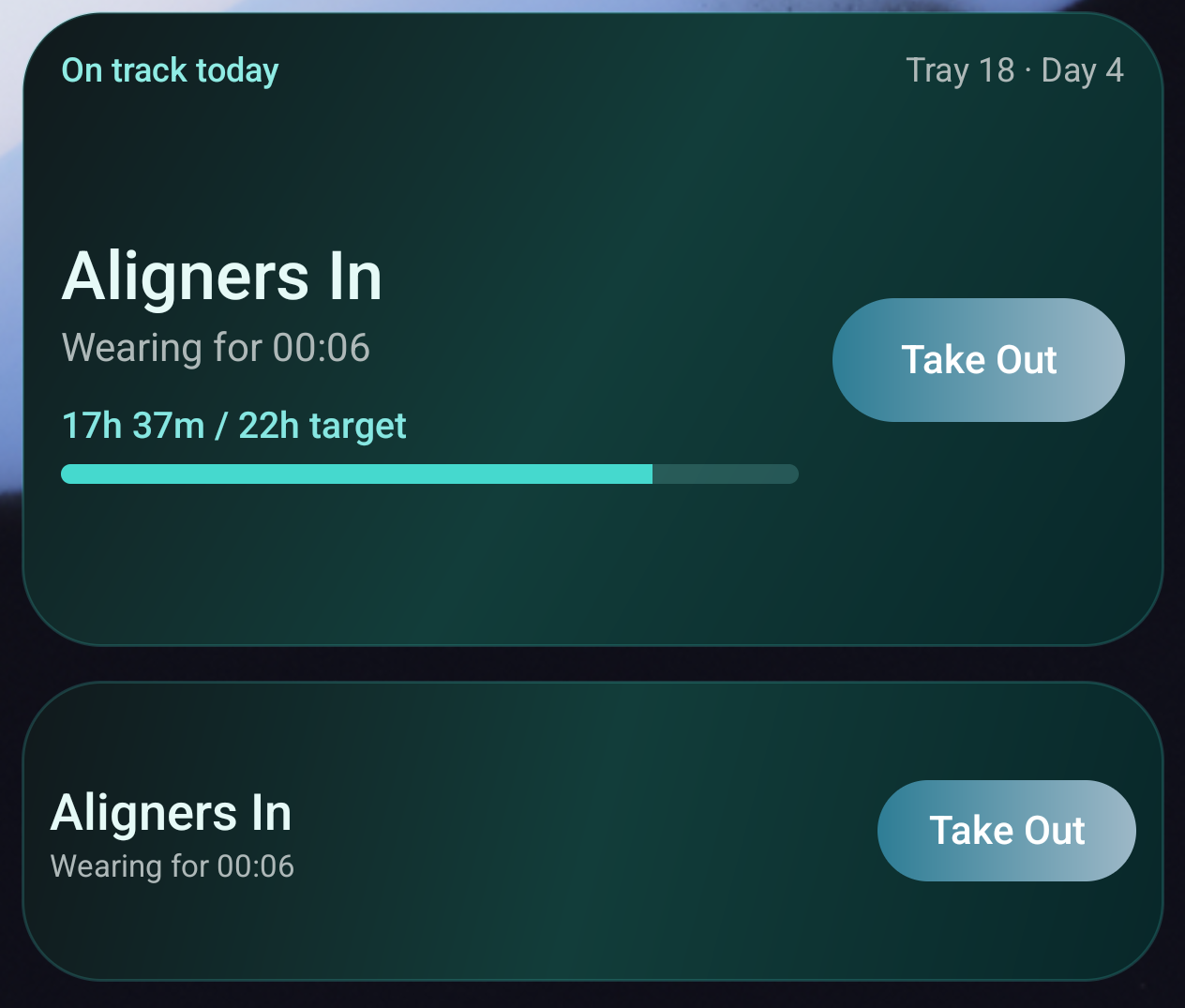 Two AlignerPro home-screen widgets showing Aligners In, 17h 37m of a 22h target and a Take Out button