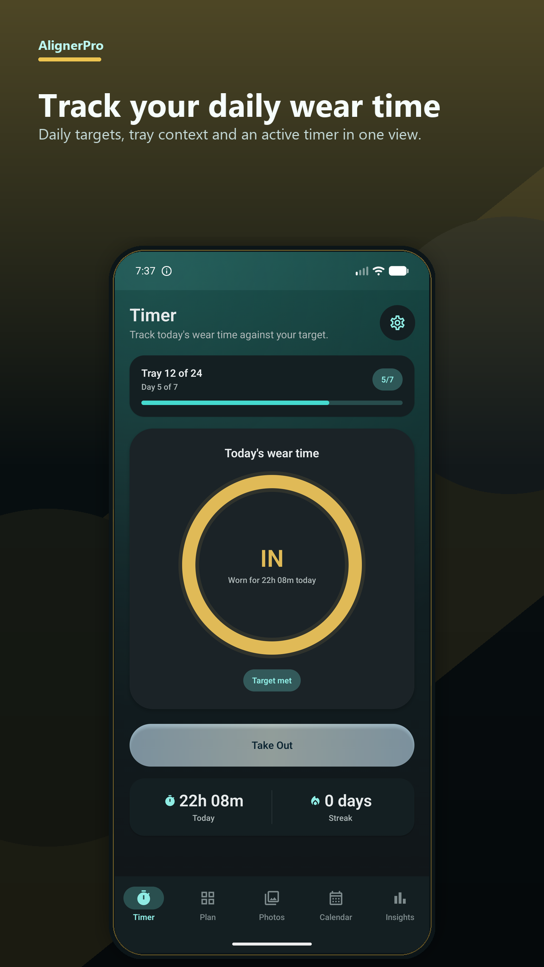 AlignerPro wear-time tracker screen showing the active timer, tray context and daily target