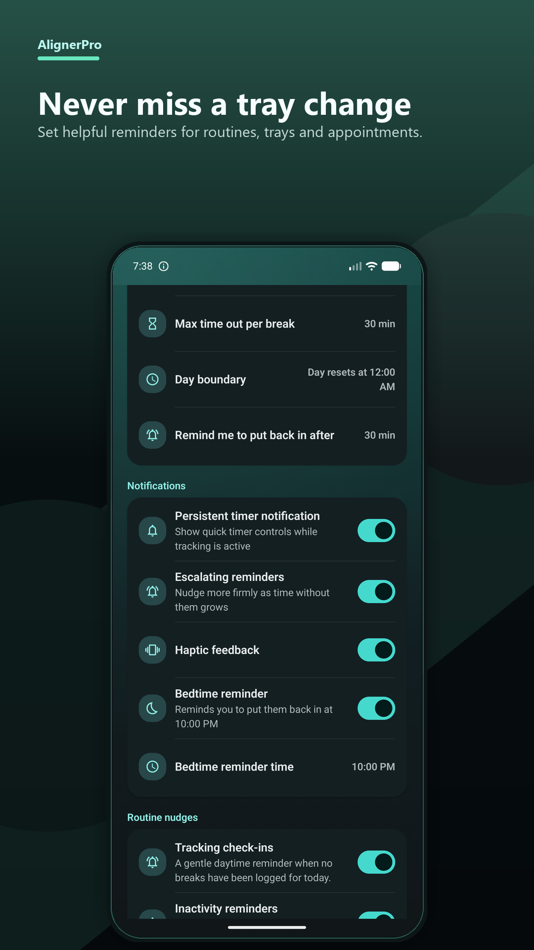 AlignerPro reminder settings screen with max time out, timer notification, haptic feedback and bedtime reminders
