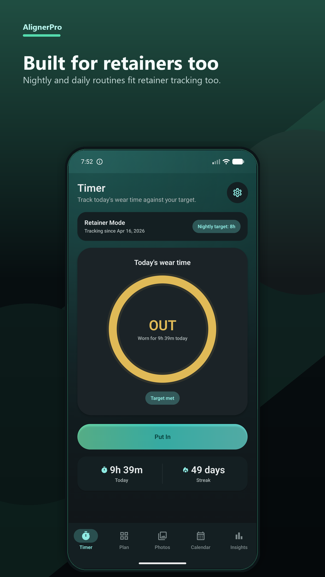 AlignerPro retainer mode screen showing nightly target, daily wear time and retainer timer