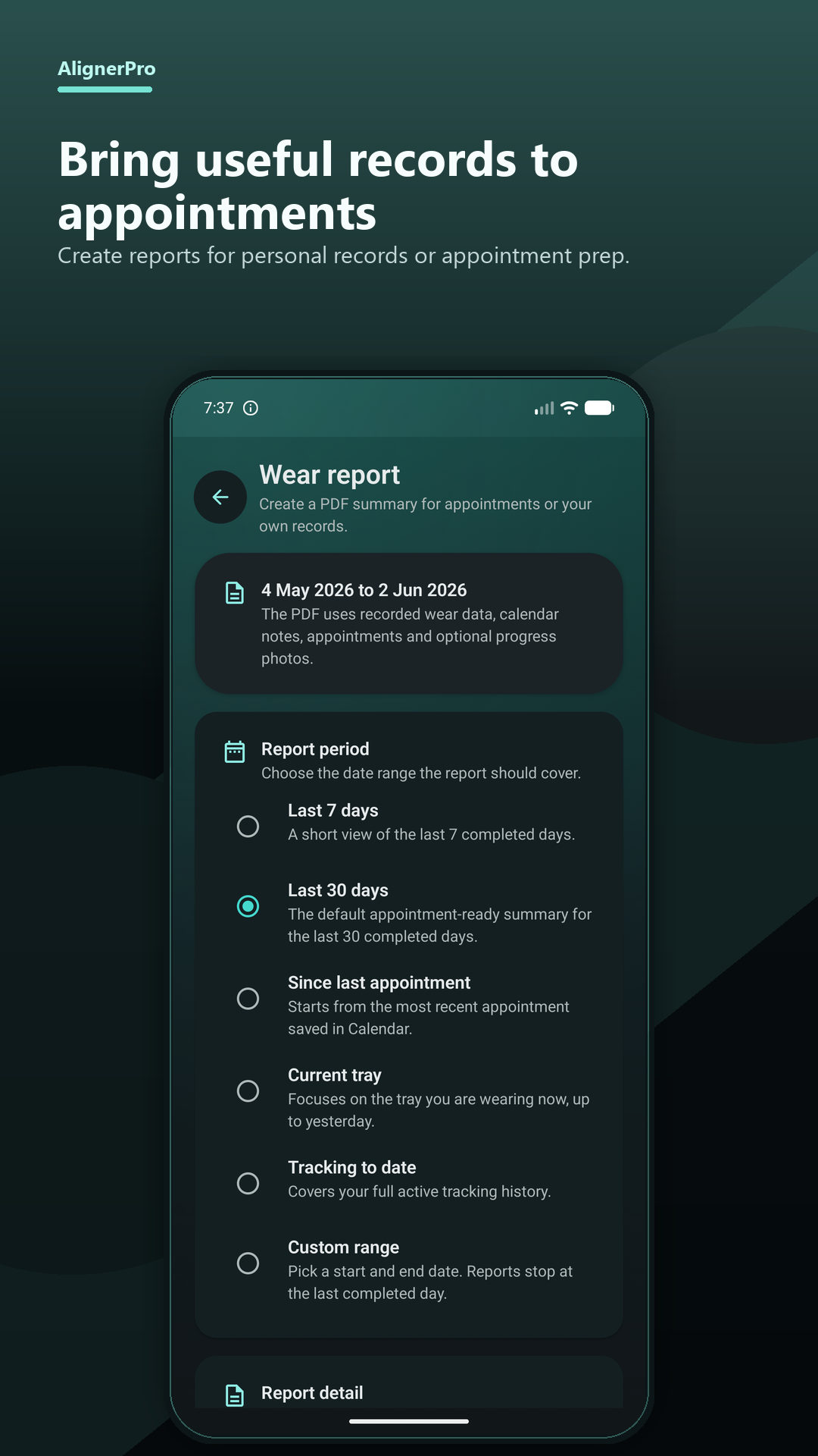 AlignerPro wear report screen showing PDF report periods for appointments and personal records